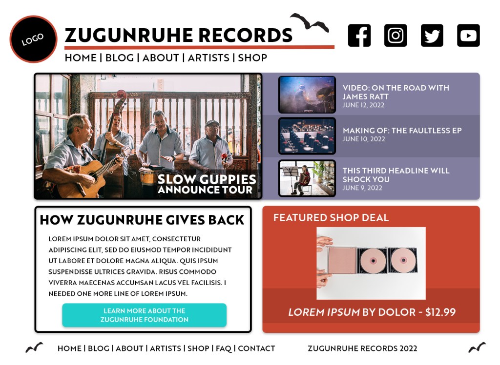 Mockup homepage for Zugunruhe Records website